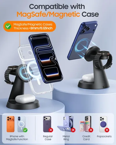 Miniatura 6 de Meifigno Estación de carga magnética 3 en 1 para dispositivos Apple, cargador inalámbrico rápido de 15 W compatible con soporte de carga MagSafe