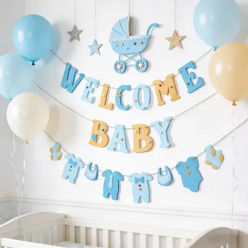 Miniatura 3 de Paper Jazz Decoraciones para baby shower con texto en inglés "It's A Boy" para telón de fondo, diseño de texto en inglés "It's A Boy
