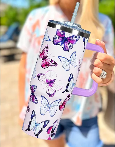 Miniatura 2 de Vaso de 40 onzas con asa de 40 onzas con diseño de mariposa morada con tapa, popote con doble aislamiento, taza de café de viaje, regalo de mariposa