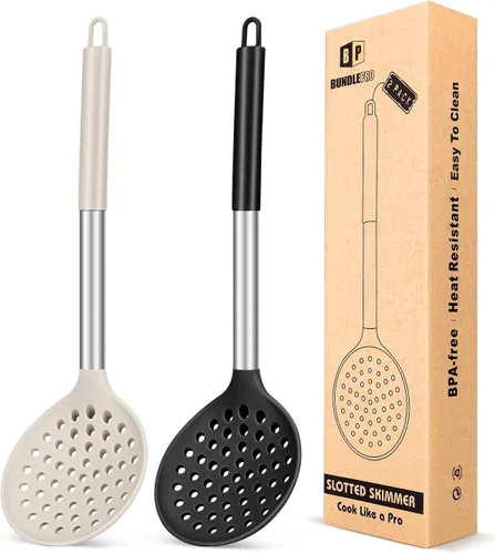 Miniatura 9 de Juego de 2 cucharones de cocina con ranuras grandes y resistentes al calor, sin BPA, antiadherentes, para escurrir y freír (negro y rojo)