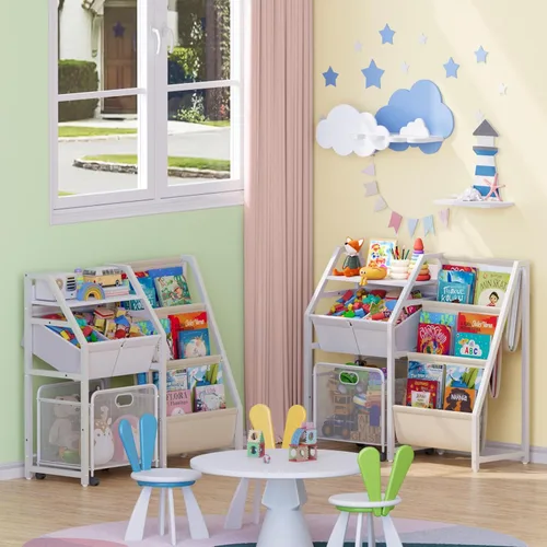 Miniatura 9 de Estantería para niños y organizador de almacenamiento de juguetes, estante de 3 niveles para habitaciones de niños con cajón móvil, estantería