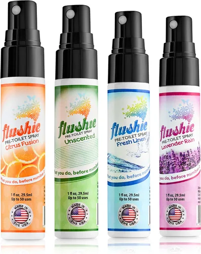 Flushie Pre-Toilet Sprays para artículos de tocador de tamaño de viaje, espray de baño para excremento para inodoro desodorante esencial de viaje