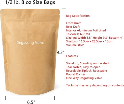 Miniatura 2 de Bolsas de café con cierre de cremallera de papel kraft natural, alta barrera con válvula unidireccional y cremallera resellable, 8 onzas