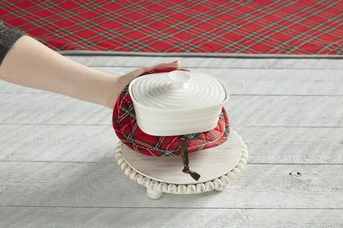 Miniatura 2 de Mud Pie Juego de tartán con cuentas blancas, salvamanteles de 2 1/2 "x 8" soporte para ollas de 7 1/2 pulgadas de diámetro