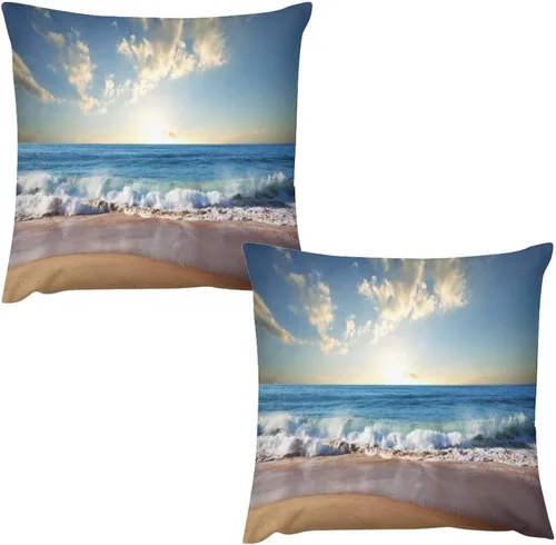 Miniatura 10 de Juego de 2 fundas de almohada con diseño escénico del océano tropical, fundas de almohada para sofá, fundas de almohada de poliéster para sofá