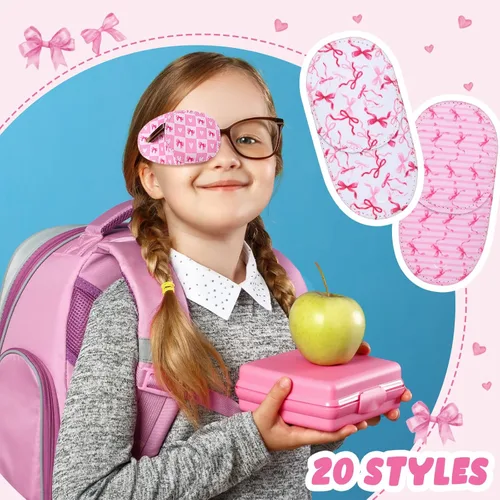 Miniatura 2 de Kingdder 20 parches de ojos rosas para niños pequeños para lentes izquierdo o derecho, reutilizable, ajustable, lazo de estilo rosa para niñas