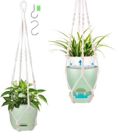 Miniatura 15 de Paquete de 2 macetas colgantes de riego automático de 7.2 pulgadas para plantas de interior y exterior, macetas colgantes de macramé de 34 pulgadas