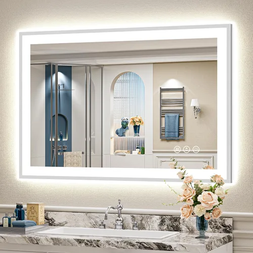 Miniatura 105 de 24x30 Espejo de baño LED con marco negro con luces, retroiluminado + iluminación frontal, espejo de tocador iluminado antivaho para pared de baño