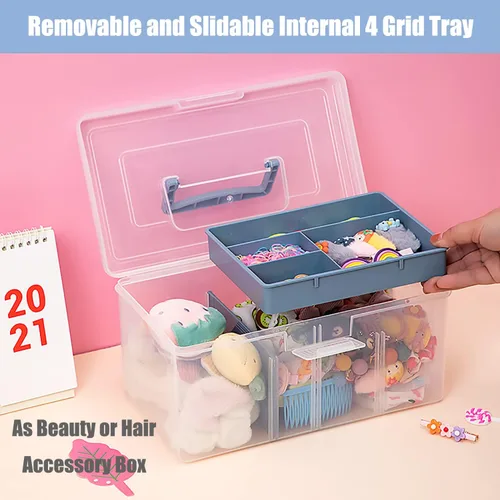 Miniatura 4 de Caja Organizadora de Suministros de Artes y Manualidades de Plástico Transparente Grande con Bandeja Extraíble y Partición y Asa, Caja