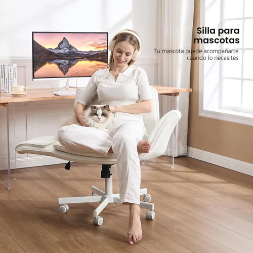Miniatura 4 de amseatec Silla Criss Cross con reposabrazos y ruedas, silla de tocador de cuero PU, silla giratoria cómoda y ajustable para escritorio de Blanco