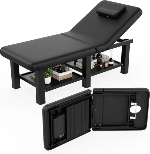 Miniatura 13 de Mesa de masaje estacionaria plegable con respaldo y espacio de almacenamiento, 6 patas cuadradas con marco de metal de piel sintética, 30.5 pulgadas