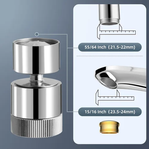 Miniatura 4 de Hibbent Aireador de doble flujo de agua para fregadero de cocina, aireador de grifo de baño giratorio de 360 grados, fácil control con una mano, 1.8