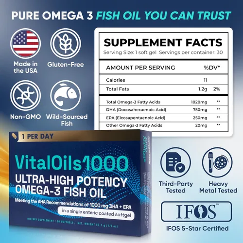 Miniatura 4 de VitalOils1000 - Aceite de pescado Omega 3 de 1200 mg con 1000 mg de DHA+EPA por cápsula (750 DHA + 250 EPA), fácil de tragar, certificado IFOS 5