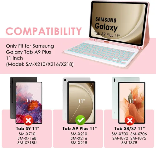 Miniatura 2 de LAMA Funda con teclado para Samsung Galaxy de 11 pulgadas Tab A9 Plus 2023/Tab A11 Plus 2025 con ratón, retroiluminación de 7 colores, funda