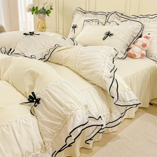 Miniatura 7 de IHOUSTRIY Juego de funda de edredón blanca tamaño Queen, juego de ropa de cama con volantes con corbatín, juego de funda de edredón de 3 piezas