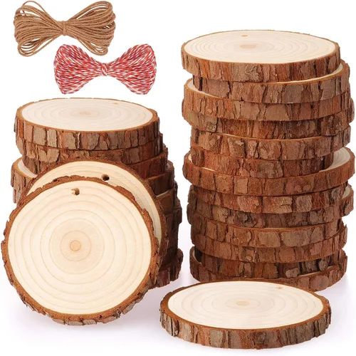 Fuyit Juego de 25 rebanadas de madera natural de 3.1 a 3.5 pulgadas, sin acabar, preperforadas con agujero, círculos de madera, rebanadas de árbol