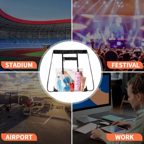 Miniatura 4 de NATURAL STYLE Paquete de 2 bolsas transparentes con cordón aprobadas para estadios, bolsas transparentes de PVC con cordón, mochila transparente