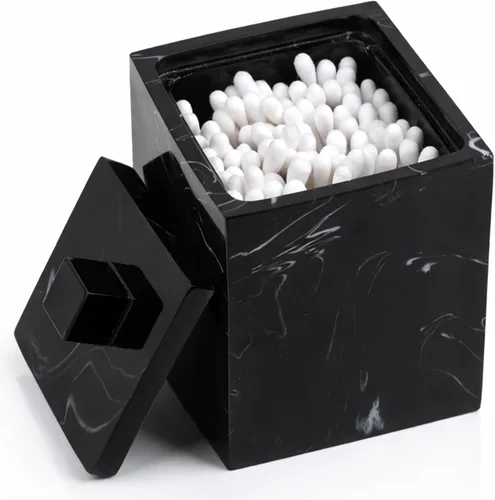 Qtip Soporte para baño con tapa, organizador cuadrado de hisopos de algodón, dispensador de bolas de algodón, contenedor de almohadilla de Negro