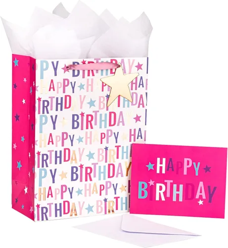 LeZakaa Bolsa de regalo de cumpleaños de 13 pulgadas, bolsa de regalo mediana rosa con papel de seda, etiqueta de regalo y tarjeta, letras de feliz