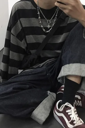 Miniatura 4 de Camiseta Harajuku de gran tamaño a rayas de manga larga con cuello redondo para mujer