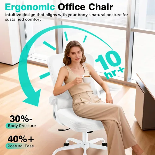 Miniatura 5 de AreShark Silla de oficina – Silla de escritorio ergonómica de malla transpirable con soporte lumbar ajustable y reposabrazos abatibles – Silla Blanco