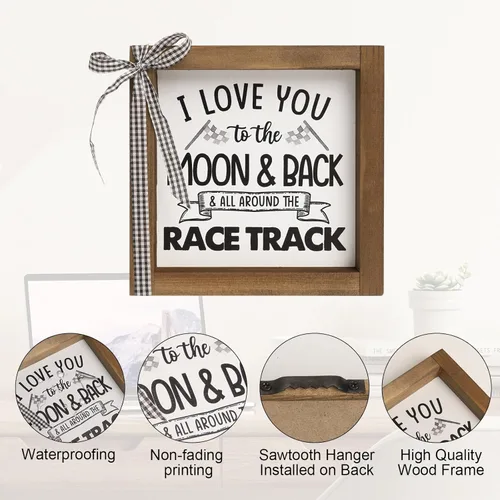 Miniatura 2 de Decoración de pared con temática de automóvil de 6 x 6 pulgadas, con texto en inglés "I Love You To The Moon And Back And All Around The Race blanco