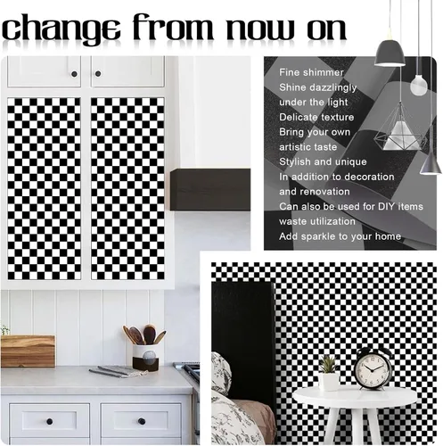 Miniatura 4 de Papel tapiz de tablero de ajedrez para despegar y pegar, papel de pared blanco y negro de 17.3 x 160 pulgadas, papel de contacto de mosaico