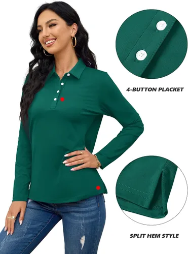 Miniatura 5 de TACVASEN Polo de golf para mujer, camiseta de manga larga, UPF 50+, secado rápido, 4 botones, rendimiento de tenis, ejercicio