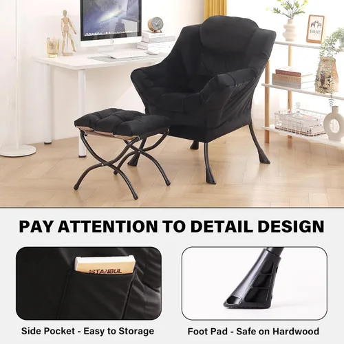 Miniatura 5 de Tiita - Silla perezosa con otomana, moderna y grande, sillón de ocio con reposabrazos y bolsillo lateral, silla de sofá de lectura cómoda con Negro