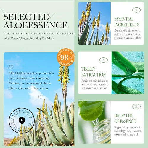 Miniatura 4 de AKARY Parches de aloe vera para ojeras, ojos hinchados y arrugas, 98% esencia de aloe y colágeno con infusión de colágeno, cuidado suavizante