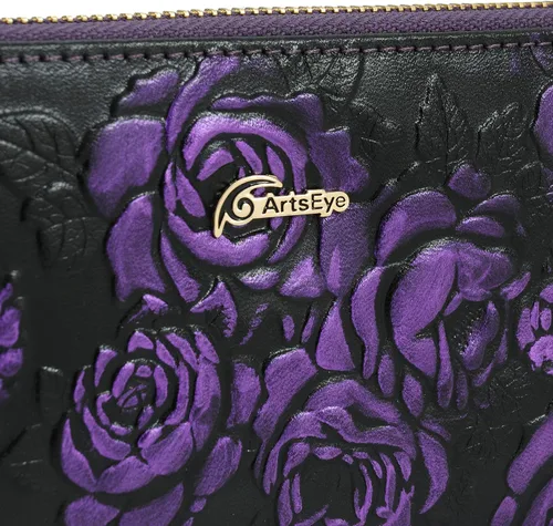 Miniatura 8 de ArtsEye Rose - Cartera de piel auténtica con cremallera larga