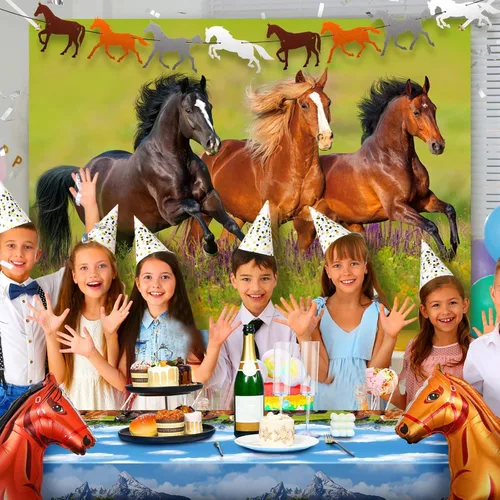 Miniatura 7 de 8 piezas de suministros de decoración de fiesta de cumpleaños de caballo, incluye guirnalda de caballos, pancartas de papel, manteles de plástico