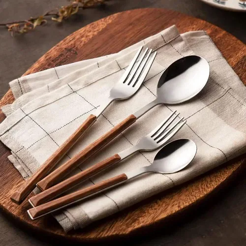 Miniatura 4 de Juego de cubiertos de 20 piezas con mango de madera para cubiertos de acero inoxidable 4,18/10, juego de cocina para comer en casa para vajilla