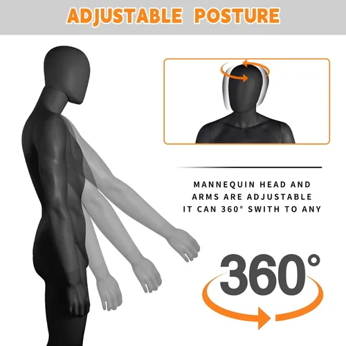 Miniatura 3 de Maniquí masculino de cuerpo completo en forma de vestido, maniquí de 73 pulgadas ajustable, modelo de vestido de plástico, soporte de maniquí Negro