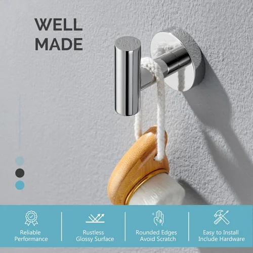 Miniatura 5 de Gancho Simple de Baño para Toallas de Ángulo, Cromo Pulido, Porta Toallas de Acero Inoxidable SUS304, Gancho para Albornoz para Pared