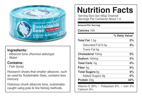 Miniatura 6 de Sustainable Seas, Trozos de atún blanco en agua, sin sal añadida, 5 onzas, probado con mercurio de terceros, 100% capturado de forma sostenible