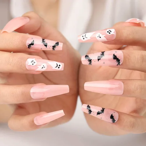 Miniatura 5 de Uñas postizas de Halloween con diseño de ataúd, uñas postizas acrílicas extralargas con diseños, uñas postizas de cobertura completa con gel, 24