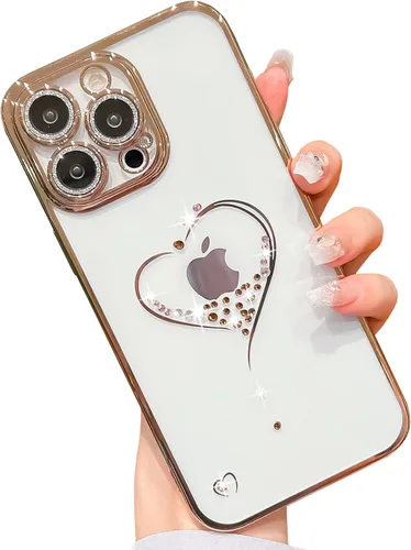 Miniatura 20 de Bling Glitter Heart compatible con iPhone 13 Pro de 6.1 pulgadas, bonito protector de cámara completo brillante para mujer, funda de teléfono Oro