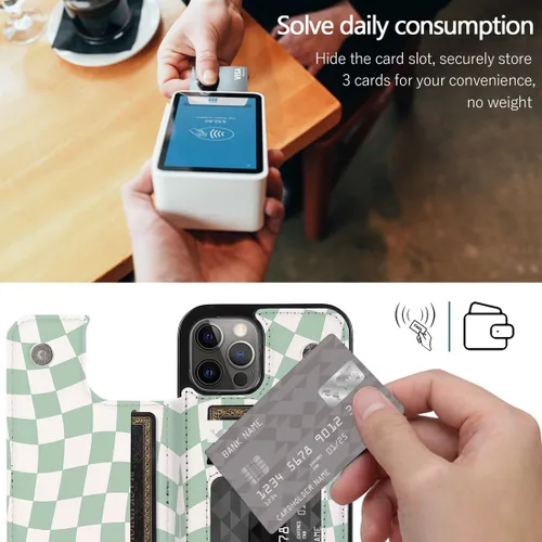 Miniatura 3 de Funda para iPhone 12/12 Pro de 6.1 pulgadas, cartera de cuero con tapa y tapa de cuero verde a la moda, diseño de tablero de ajedrez con ranuras