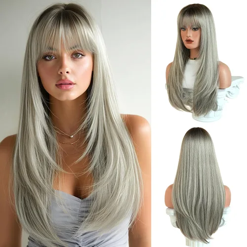 Miniatura 13 de PARK YUN 27IN Cool Ash Platinum Blonde Straight Wig with Bangs Long Layered Synthetic Wig Shadow Root Light Beige Blonde Hair Heat Resistant Natural
