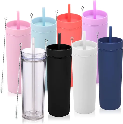 Miniatura 25 de Volhoply Paquete a granel de 4 vasos delgados de plástico de 20 onzas, vaso de doble pared con tapa y popote, taza reutilizable de viaje para café