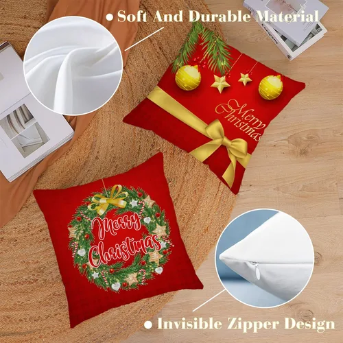 Miniatura 2 de Juego de 4 fundas de almohada de Navidad de 12 x 12 pulgadas, fundas de almohada de terciopelo de Navidad, fundas de almohada doradas y rojas