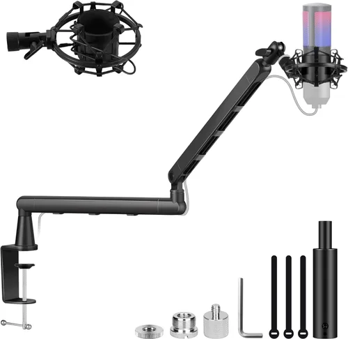 CAHAYA Brazo de brazo para micrófono, soporte de brazo de micrófono ajustable de perfil bajo con poste de extensión de 3.5 pulgadas, adaptador de
