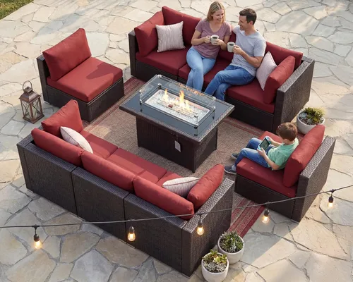 Miniatura 14 de BULEXYARD Juego de muebles de patio de respaldo alto de 7 piezas con mesa de fogata de combustible dual propano/gas natural, sofá seccional