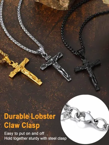 Miniatura 5 de U7 Colgante de cruz de crucifijo para hombre con cadena de bautismo, joyería cristiana, acero inoxidable, oro de 18 quilates, collar antiguo