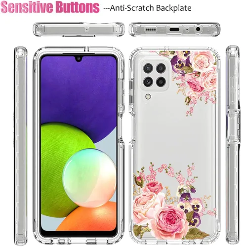 Miniatura 5 de Funda para Samsung Galaxy A22 4G/M32 4G SM-A225F con protector de pantalla de vidrio templado, cuerpo completo transparente con diseño floral, Flor