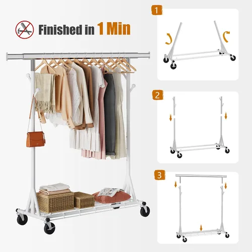 Miniatura 24 de Gewudraw Estante de ropa resistente con carga de 900 libras, estante comercial de doble barra con ruedas y estantes resistentes, estante colgante