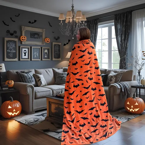 Miniatura 8 de Manta de Halloween: Silueta de murciélagos negros suaves en vellón de terciopelo naranja para sofá, cama, sofá, silla, dormitorio