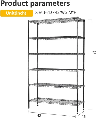 Miniatura 3 de BestOffice Estantes de almacenamiento de alambre de 6 niveles 42 x 16 x 72 Negro con estantes ajustables Estante de metal resistente