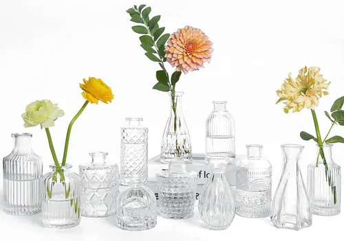 UPBUD Juego de 12 jarrones de brotes de vidrio transparente, jarrones de flores mini para centros de mesa, jarrones pequeños a granel para Estándar